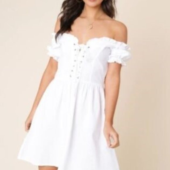 White Puff Sleeve Lace Up Milkmaid Puff Sleeve Sweetheart Skater Dress Cotton - Picture 2 of 15